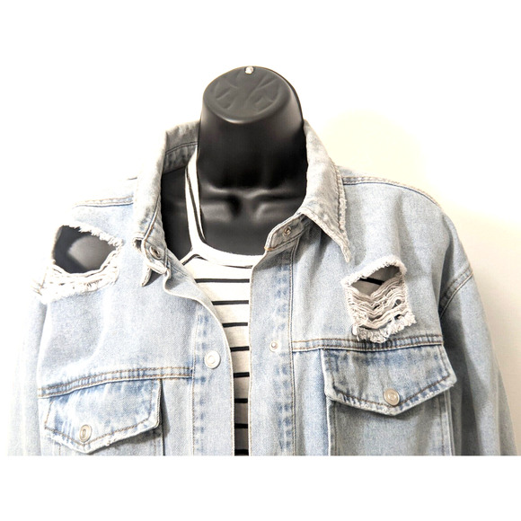 Ci Sono Womens Distressed Denim Jean Curved Hem Pockets Y2K 90s Jacket Shirt Top - Picture 8 of 14